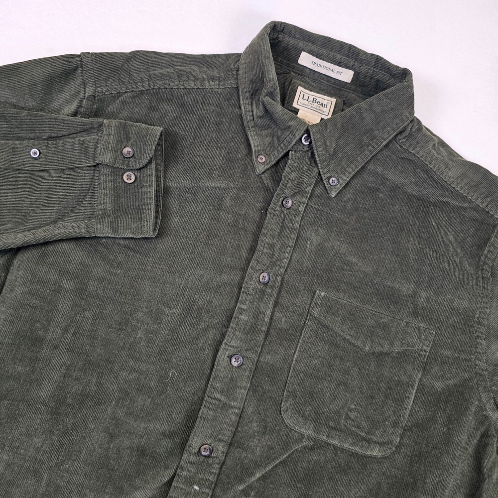 LL Bean Mens Large Corduroy Button Down Shirt Forest Green Traditional Fit